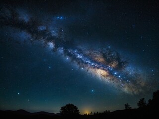 Naklejka premium Beneath star-studded canopy, dense forest stands in silhouette against cosmic expanse. Milky ways core blazes with celestial brilliance, casting its ethereal glow upon earth. Stars, nebulae.