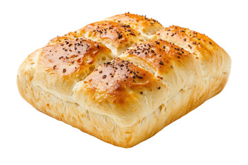 Square loaf of freshly baked bread with seeds on top, cut out