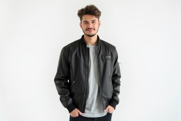 Fototapeta premium Half-Length (Waist-Up) portrait of young stylish smiling Kyrgyz male model in emo wear isolated on pure white background looking at camera