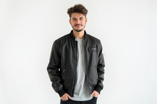 Half-Length (Waist-Up) portrait of young stylish smiling Kyrgyz male model in emo wear isolated on pure white background looking at camera
