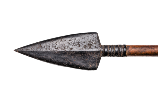 Ancient iron spearhead with wooden shaft on black background, cut out