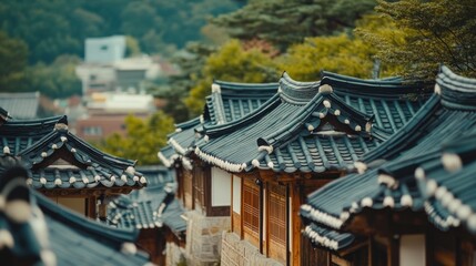 Fototapeta premium Traditional Architecture with Curved Roofs and Lush Greenery Surrounding