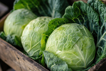 Obraz premium Fresh green cabbages resting in wooden crate at farmers market
