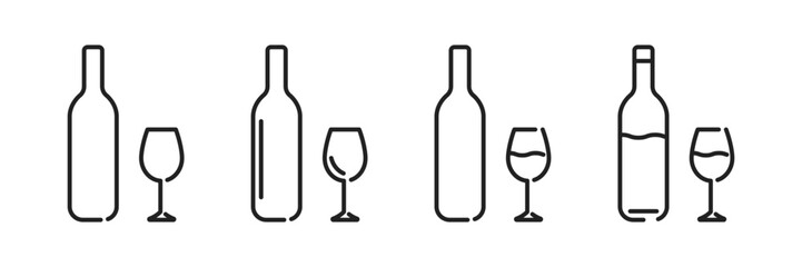 Wine bottle with wine glasses.
Alcohol. Bottle and glasses icon set. Vector illustration.