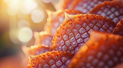 Close-up of textured palm fruit with warm light