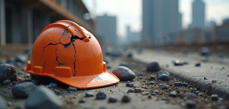 Fractured orange safety helmet lying on ground at construction site. Shattered hard hat showing workplace danger, accident damage, construction demolition, industrial hazard, occupational risk.