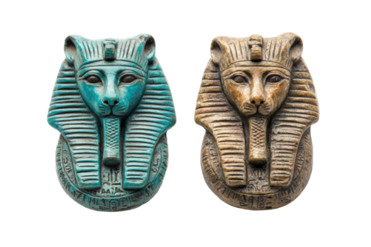 Ancient egyptian scarab amulets with pharaoh face designs in turquoise and bronze, cut out