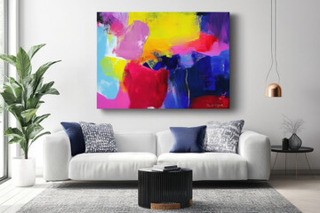 Large colorful abstract painting adds a pop of color to a modern living room