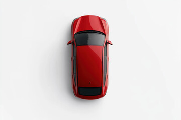Shiny red generic sedan car parked on white background seen from above