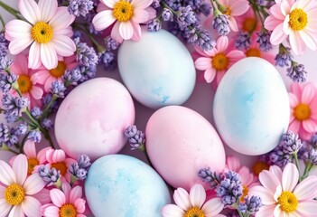 Fototapeta premium Pastel watercolor Easter eggs, lavender accents, spring floral motifs, holiday, eggs