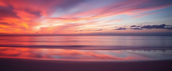 Peach and purple dawn sky reflected in calm sea, soft sand , tide, horizon