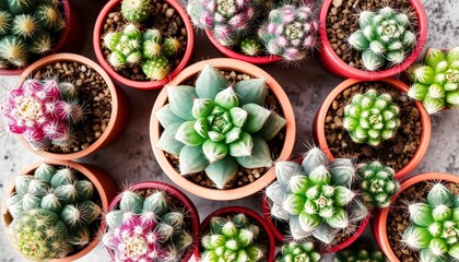 Pink and green cacti in small pots viewed from above, showcasing diverse botanical textures, green, small