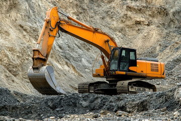 Excavator working in a quarry extracting minerals