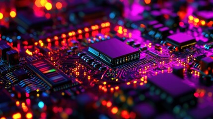 Obraz premium Illuminated Circuit Board, Microscopic View into the Heart of Technology