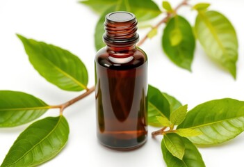 Pure bergamot essential oil, vibrant green leaves, pristine white background, ingredient, beauty