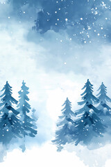 Watercolor Winter Landscape with Pine Trees and Falling Snow Scene