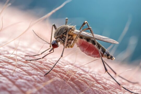 Close-up of a mosquito sucking blood from human skin with a detailed view of the mosquito's body and proboscis