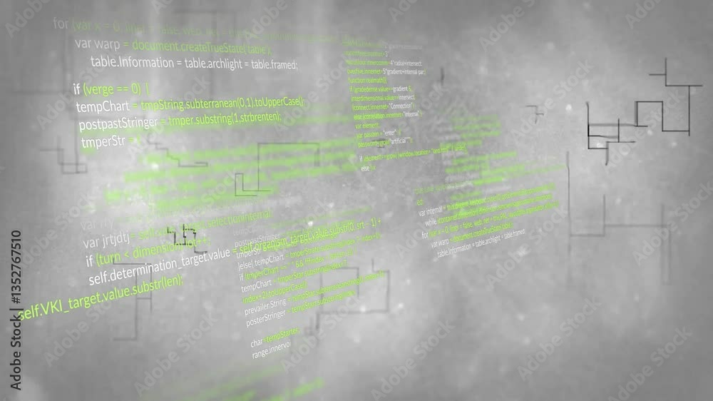 Poster animation of green code snippets floating over digital elements on gray background