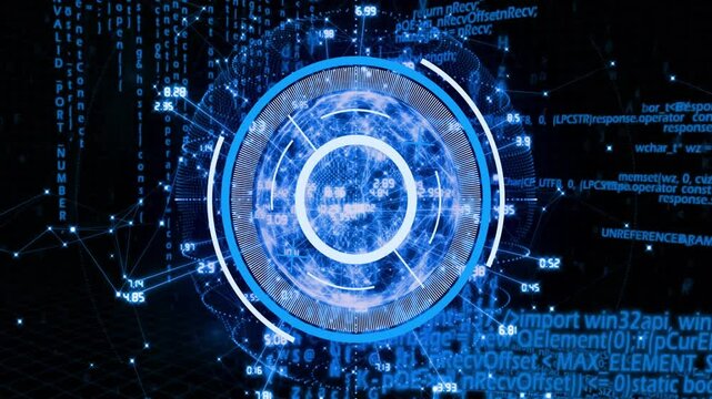 Futuristic digital interface with circular patterns and binary code animation