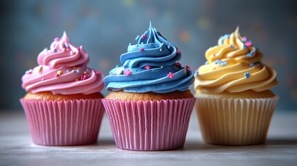 Three colorful cupcakes, decorated with swirls of pink, blue, and yellow frosting and sprinkles