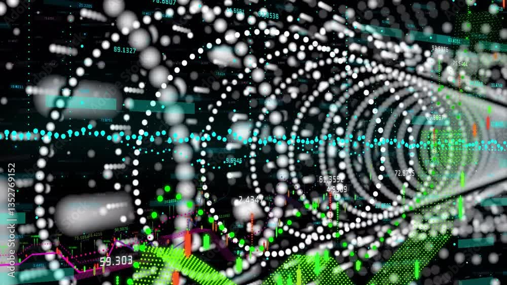 Poster in school, animation showing swirling patterns with numerical data overlay