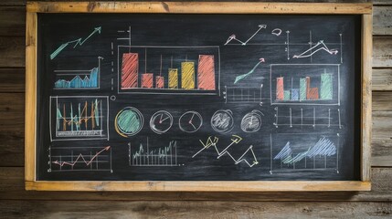 Chalkboard Business Analytics, Charts, Graphs, and Data Visualization on a Rustic Wooden Background