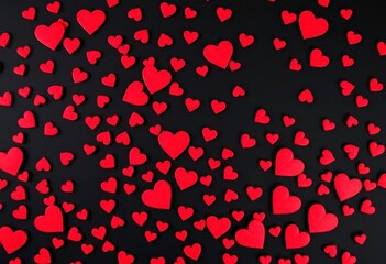 Scattered red hearts on a stark black background, red, romantic background
