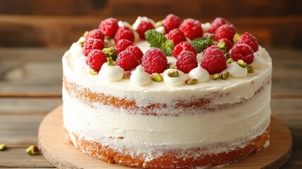 Delicious layered cake with raspberries and whipped cream
