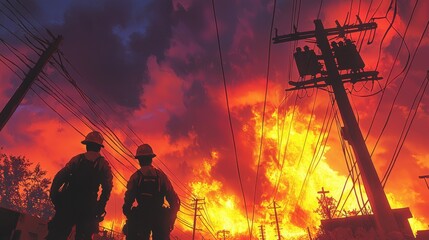 Firefighters monitor raging flames against a backdrop of dark clouds and power lines in urban area