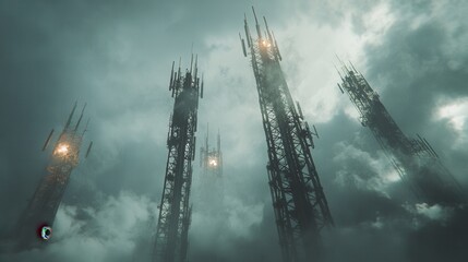 Ascending Towers: A cluster of imposing towers pierce through the ominous clouds. Each tower is lit with a beacon that leads the way through the heavens. 