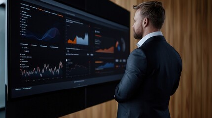 A business professional stands in front of a large digital display, deeply focused on analyzing data trends. The sleek office setting features contemporary design elements and vivid visuals