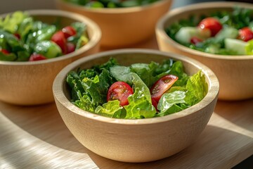 Fresh green salad with tomatoes and cucumbers in wooden bowls, bathed in sunlight.