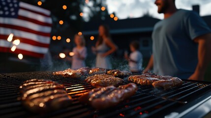 Sizzling meats cook on a grill at dusk as friends and family enjoy a lively summer gathering. The warm glow of lights and an American flag adds to the festive atmosphere