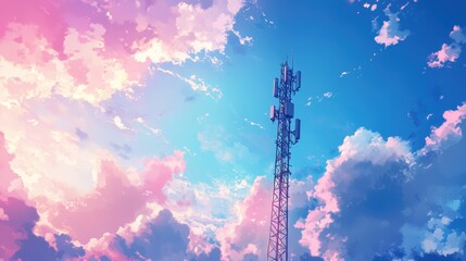Obraz premium Skyline Harmony: A towering communication tower pierces a breathtaking sky, a canvas of pastel clouds and infinite blue. A juxtaposition of technology and nature, showcasing connectivity.