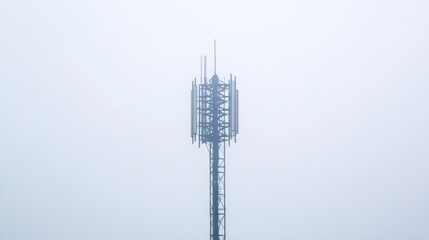 Communication Tower in a misty environment: A tall communication tower pierces a misty atmosphere, its intricate antenna array reaching towards the overcast sky.
