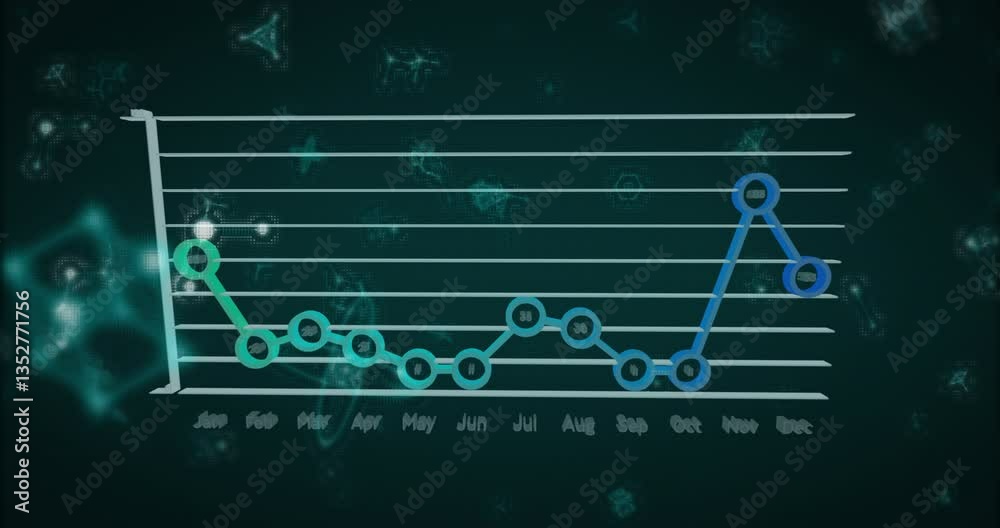 Poster animation of line graph showing monthly data trends on glowing abstract background
