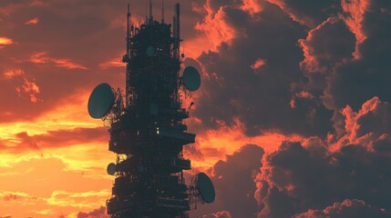 Towering Signal: An imposing communication tower, adorned with antennas and dishes, pierces the skyline as the sun sets, casting an orange glow and dramatic shadows across the scene. 