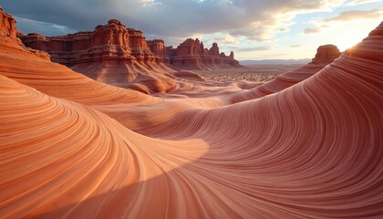 Fototapeta premium Scenic photo of the Fire Wave in Valley of Fire State Park at sunny day. Red sandstone rock formations, landscape with orange, red colors, blue sky. Nature background.
