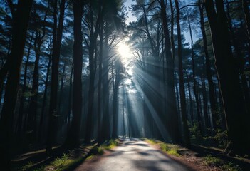 Fototapeta premium Silver moonlight bathes an ancient forest path, tall trees casting long shadows, serene, mysterious