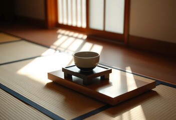 Simple tatami mat, low wooden table, ceramic teacup bathed in sunlight, calm, floor