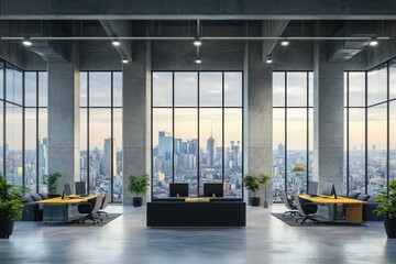 Modern open-space office interior with large windows and a stunning city view in 3D rendering


