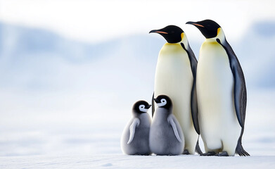 Obraz premium A family of emperor penguins with two adults and their four fluffy chicks standing together on the snow-covered ground.