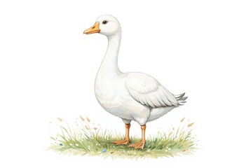 a goose with an orange beak and paws. Her fluffy feathers and big eyes give her a cute and calm appearance. watercolor illustration