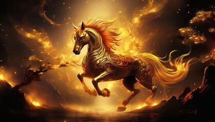 Obraz premium Majestic fire horse of the lunar year gallops amidst glowing embers in a fantastical landscape