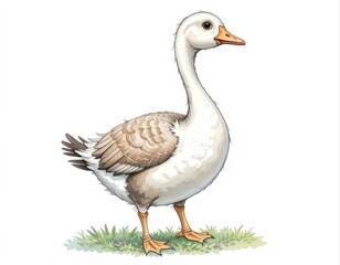 Obraz premium a goose with an orange beak and paws. Her fluffy feathers and big eyes give her a cute and calm appearance. watercolor illustration