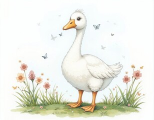 Obraz premium a goose with an orange beak and paws. Her fluffy feathers and big eyes give her a cute and calm appearance. watercolor illustration