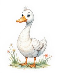 Obraz premium a goose with an orange beak and paws. Her fluffy feathers and big eyes give her a cute and calm appearance. watercolor illustration