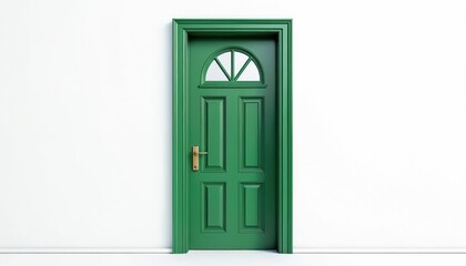 Green wooden front door isolated on white background. Classic doorway with window, handle for house entrance. Perfect for real estate, home interior design projects or architectural visualization.