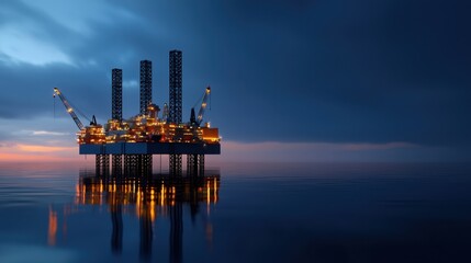 Obraz premium An offshore oil rig stands tall against a twilight sky, its bright lights reflecting on the tranquil water as dark clouds gather in the background, creating a powerful atmosphere