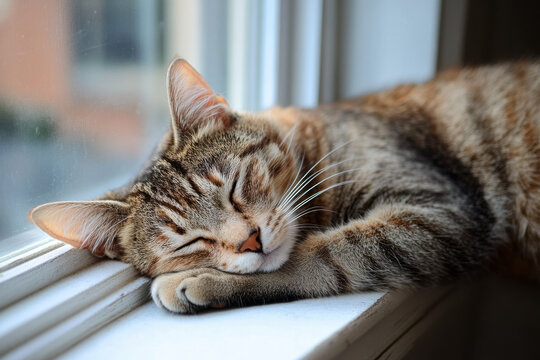 Tabby cat sleeping peacefully on window sill - Powered by Adobe